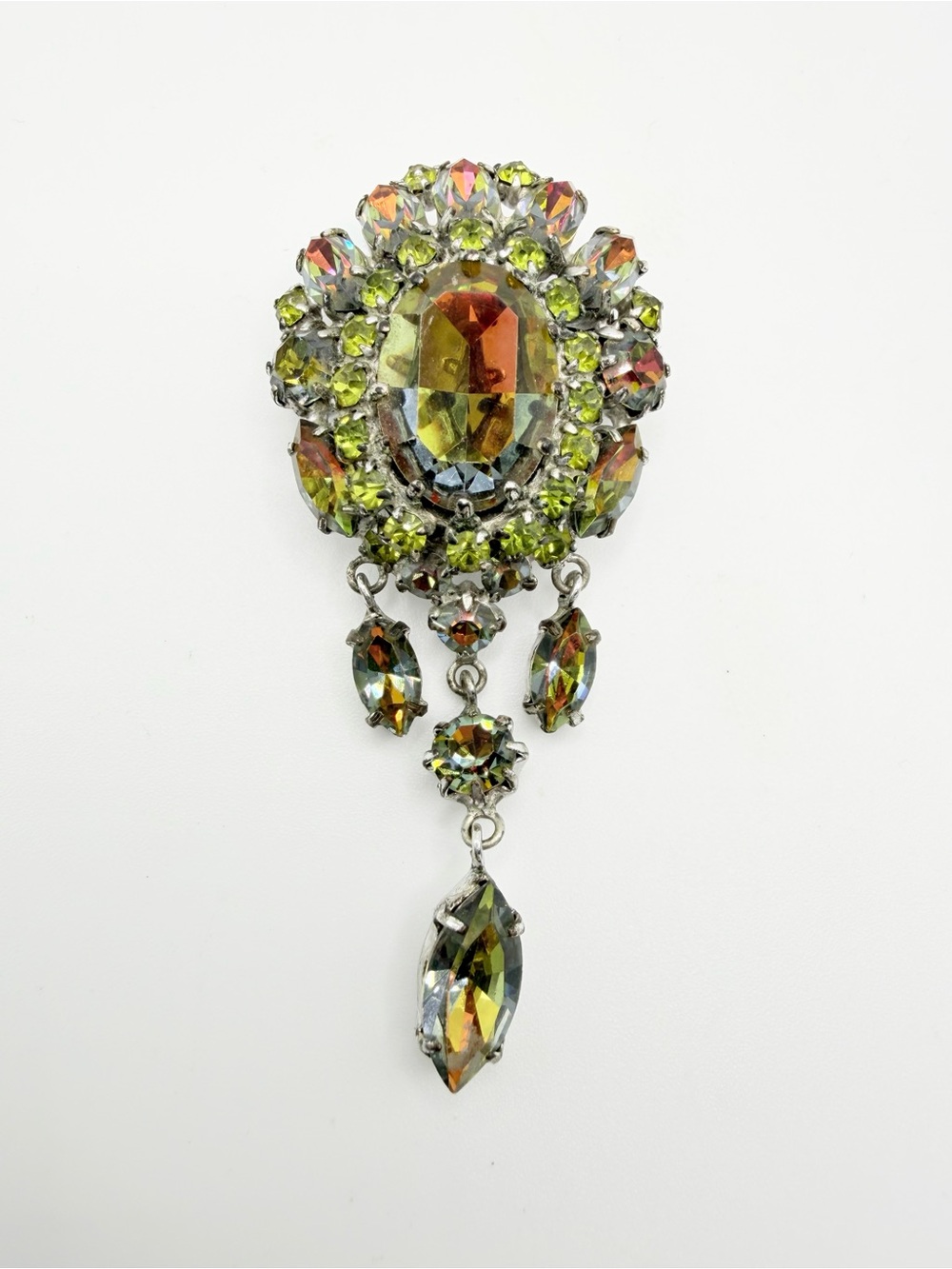 Vintage 1950s Olivine Peridot AB Rhinestone Statement Dangle Brooch Pin